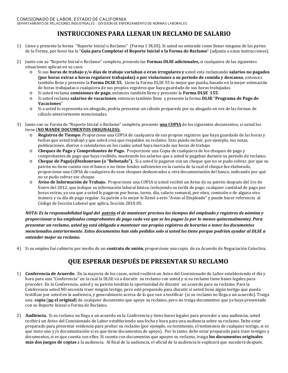 Instrucciones para DLSE Formulario 1 Informe O Reclamo Inicial - California (Spanish), Page 1