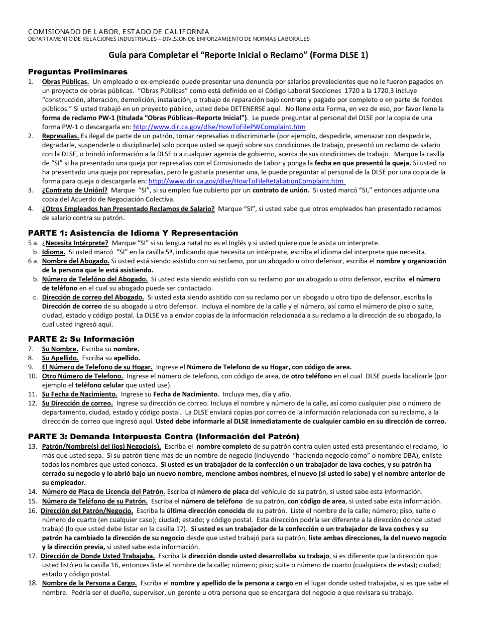 Instrucciones para DLSE Formulario 1 Informe O Reclamo Inicial - California (Spanish), Page 2