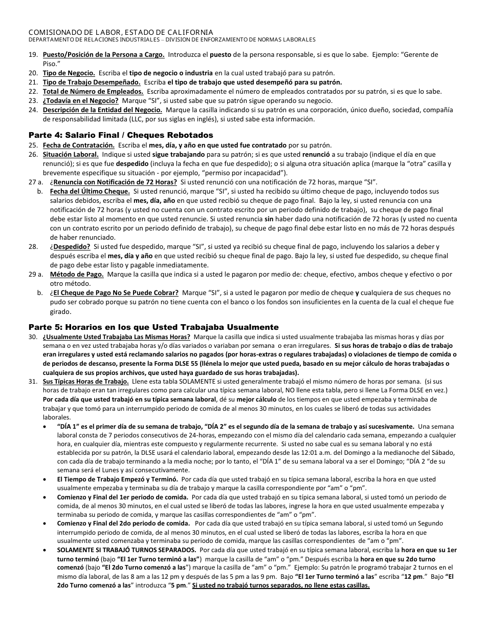 Instrucciones para DLSE Formulario 1 Informe O Reclamo Inicial - California (Spanish), Page 3
