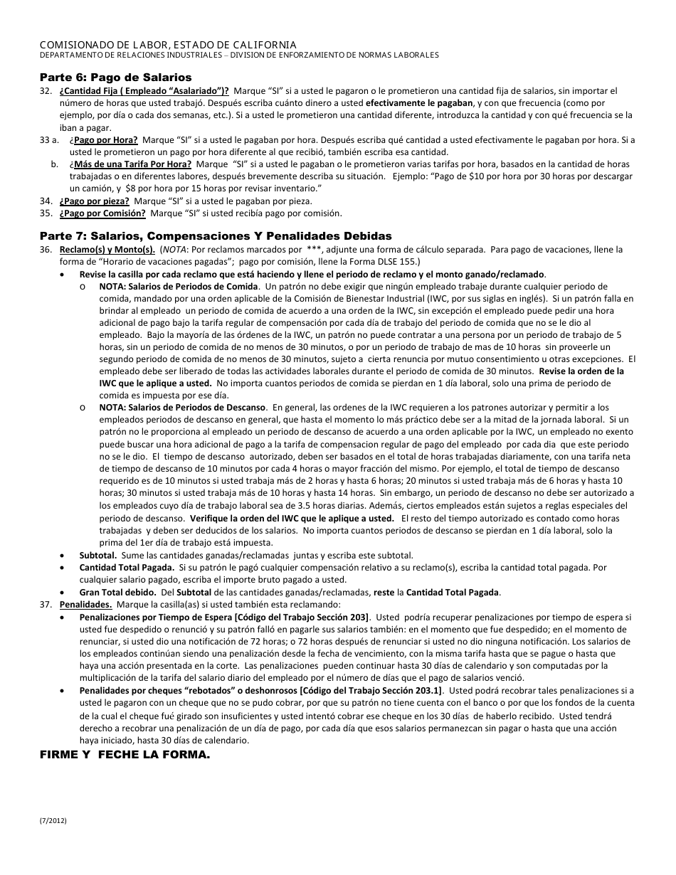 Instrucciones para DLSE Formulario 1 Informe O Reclamo Inicial - California (Spanish), Page 4