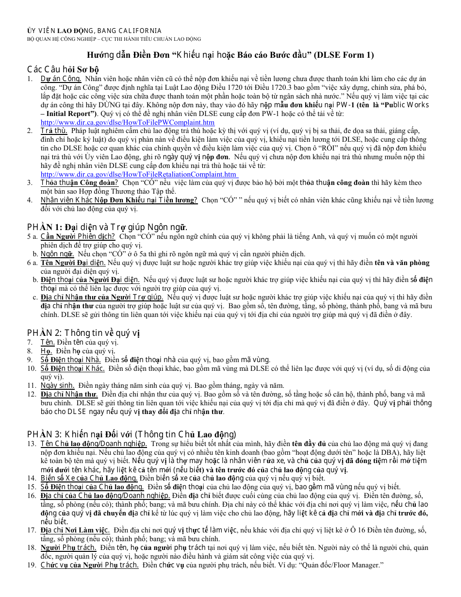 Instructions for DLSE Form 1 Initial Report or Claim - California (Vietnamese), Page 2