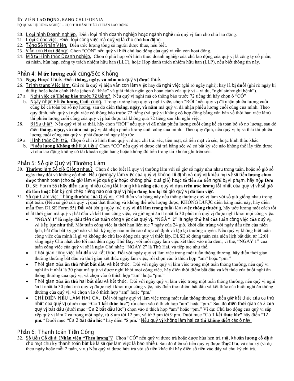 Instructions for DLSE Form 1 Initial Report or Claim - California (Vietnamese), Page 3