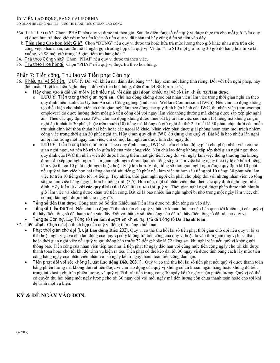 Instructions for DLSE Form 1 Initial Report or Claim - California (Vietnamese), Page 4