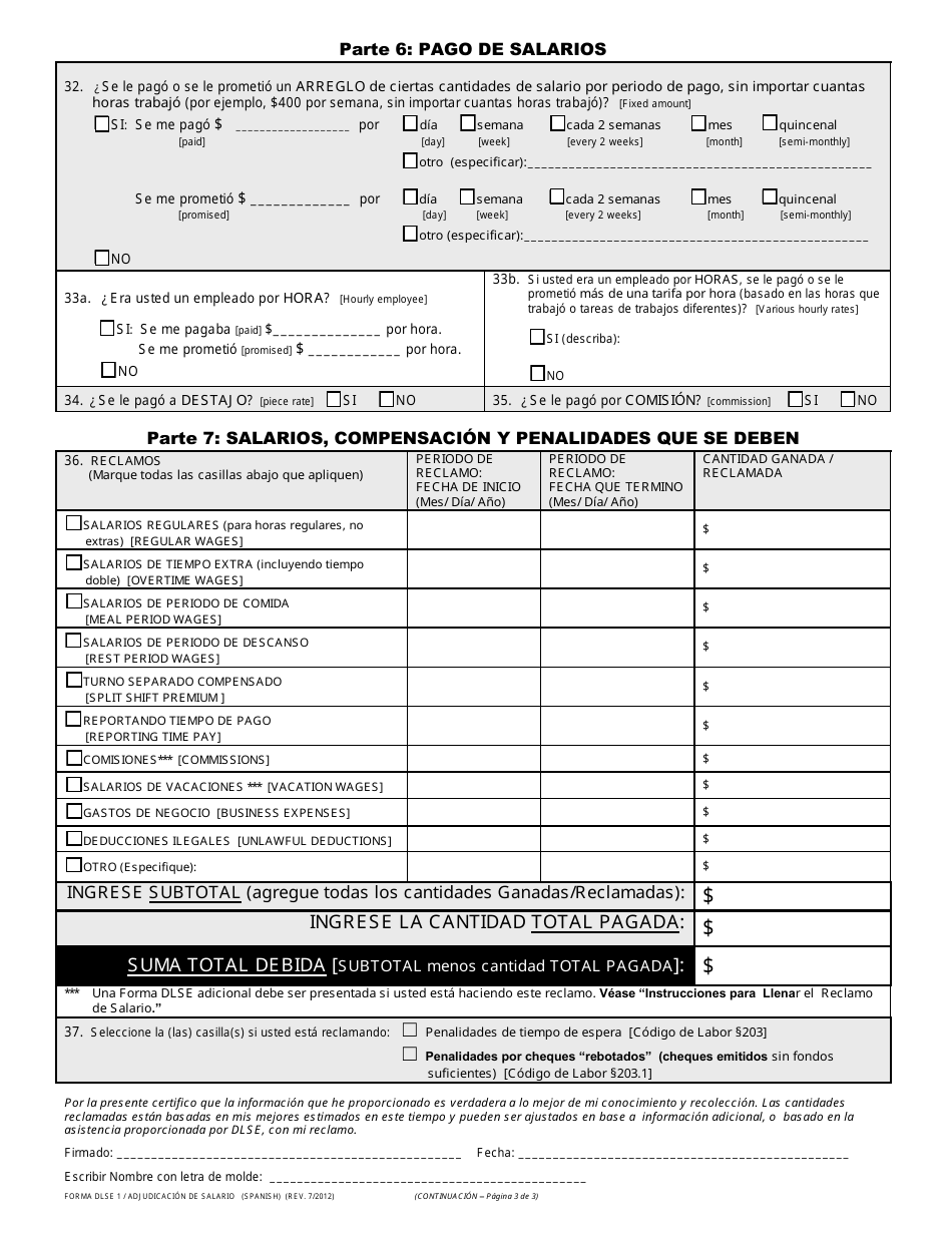 DLSE Formulario 1 Reporte Inicial O Reclamo - California (Spanish), Page 3