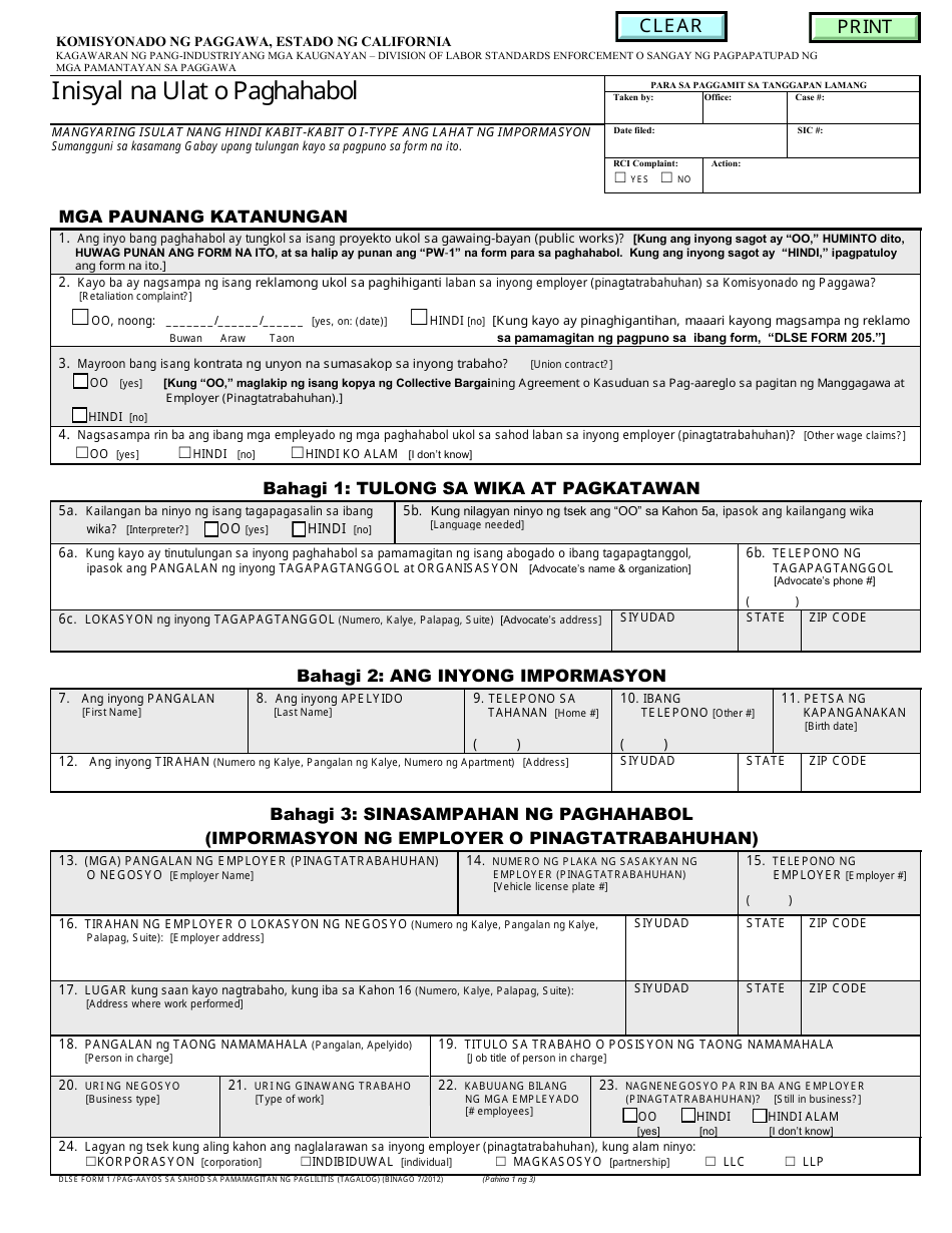 DLSE Form 1 Initial Report or Claim - California (Tagalog), Page 1
