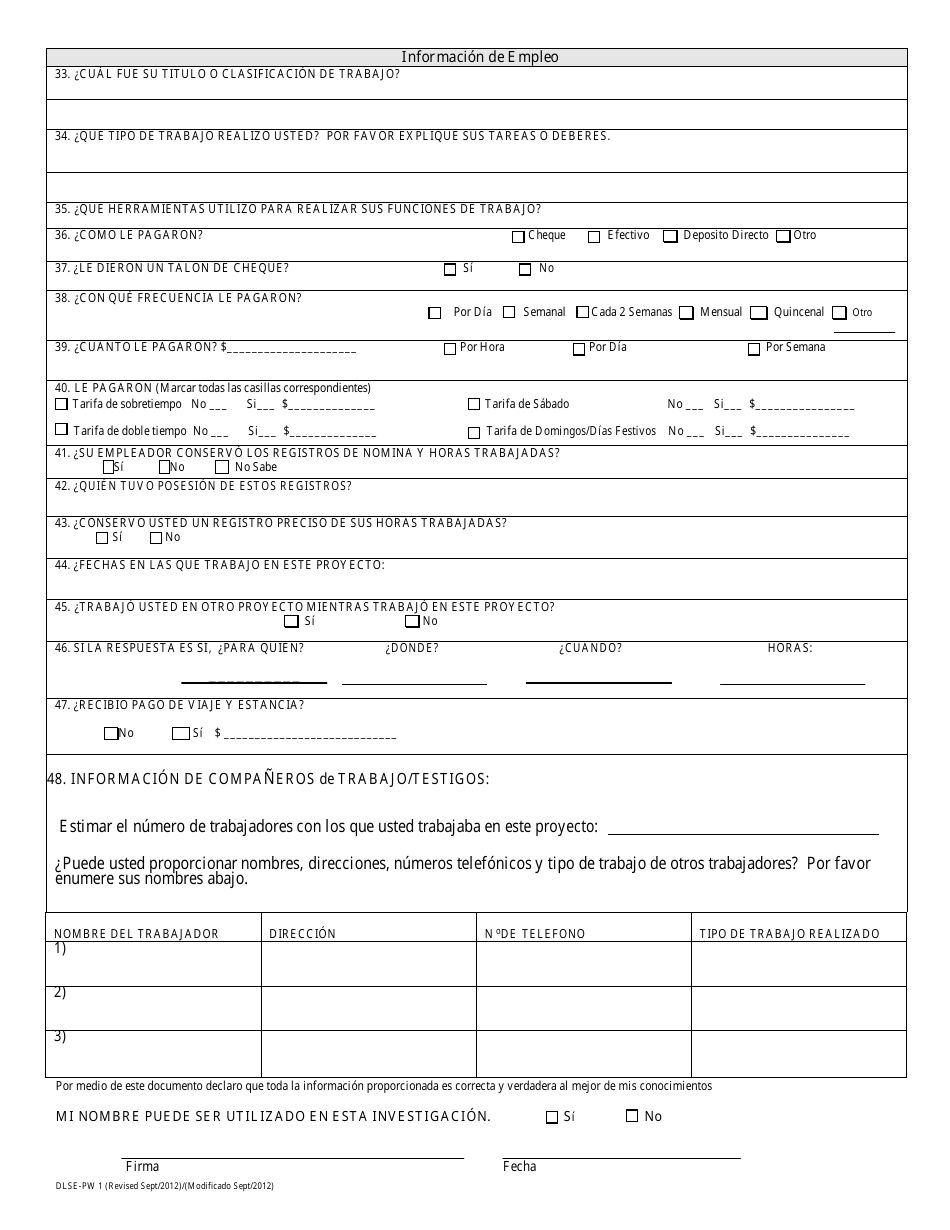 Formulario DLSE-PW1 Reclamo De Trabajadores De Obras Publicas - California (Spanish), Page 2