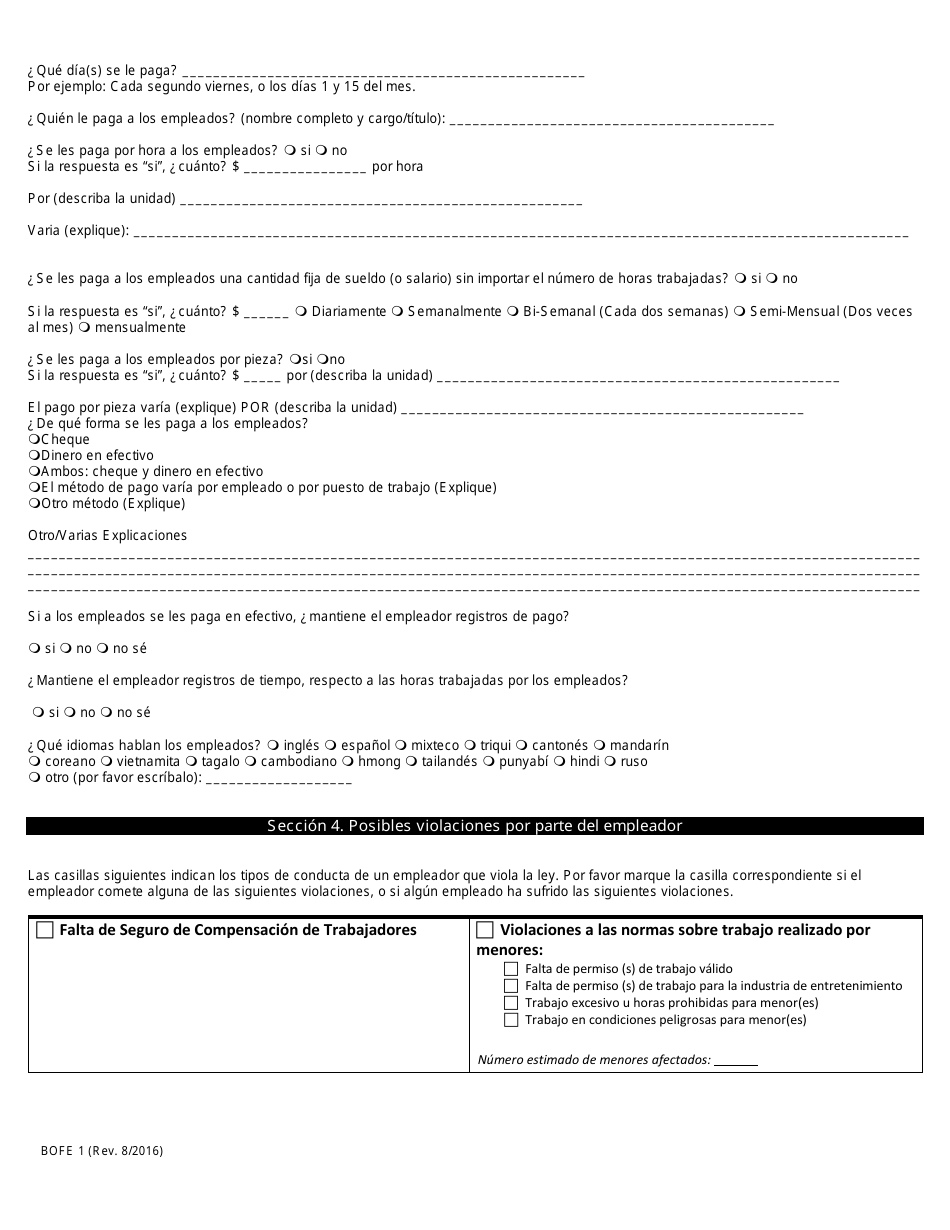 DLSE Formulario BOFE1 Denuncia De Violacion a La Ley Laboral - California (Spanish), Page 3
