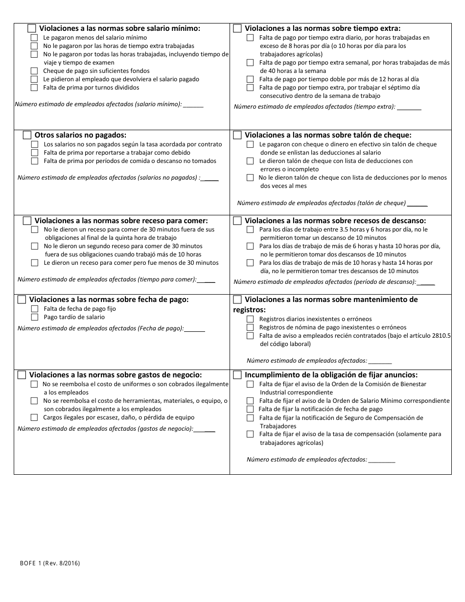 DLSE Formulario BOFE1 Denuncia De Violacion a La Ley Laboral - California (Spanish), Page 4