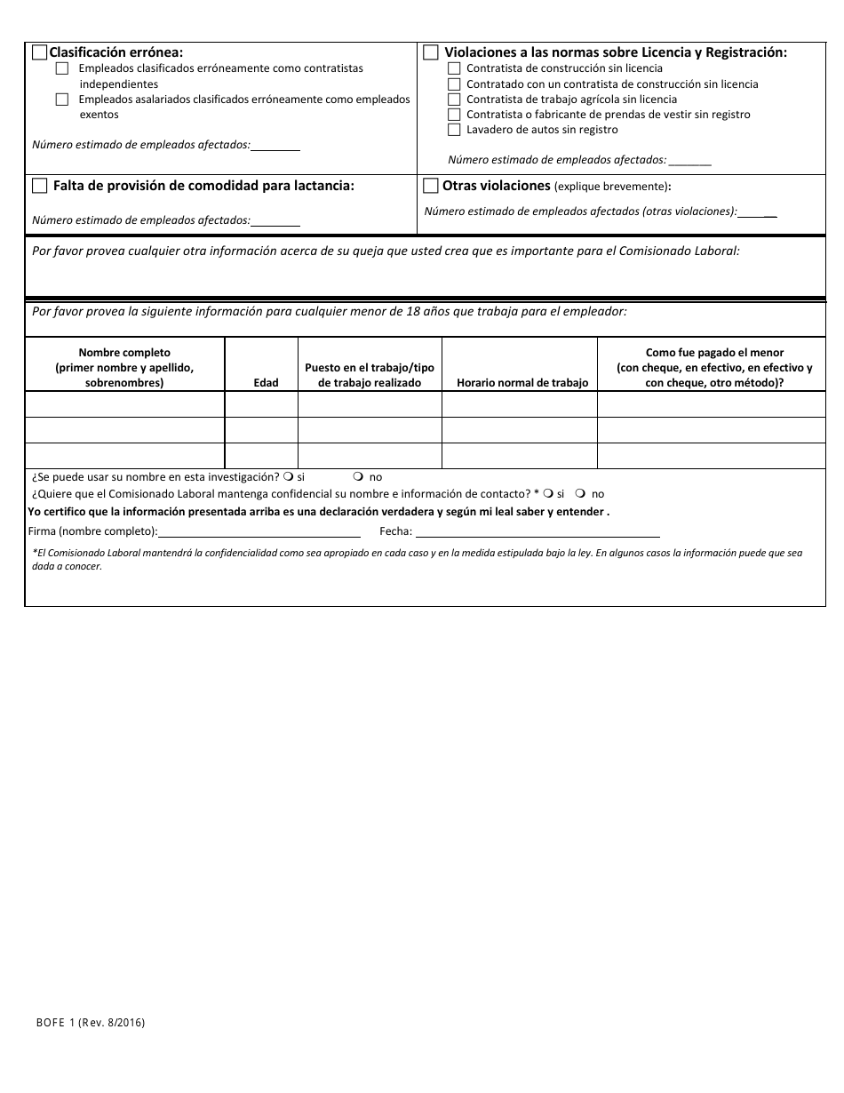 DLSE Formulario BOFE1 Denuncia De Violacion a La Ley Laboral - California (Spanish), Page 5