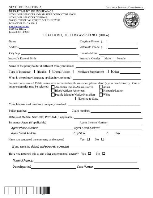 Form CSD-002-HRFA  Printable Pdf