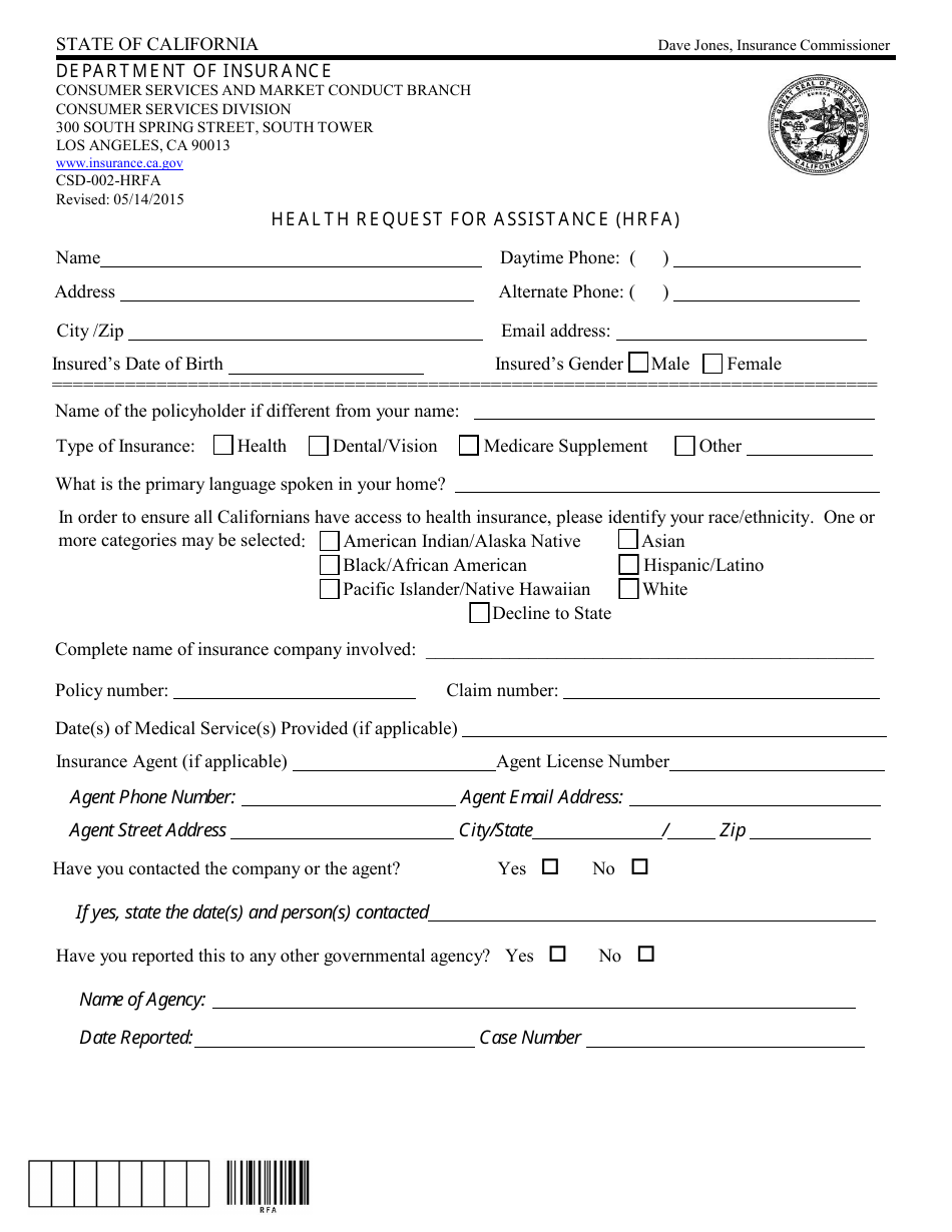 Form CSD-002-HRFA Health Request for Assistance (Hrfa) - California, Page 1