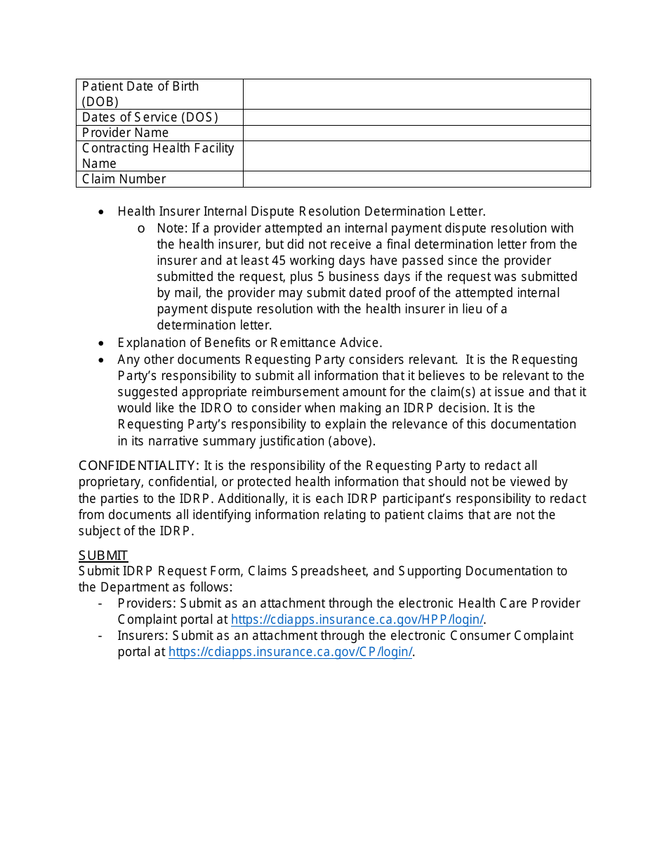 Independent Dispute Resolution Process (Idrp) Request Form - California, Page 4