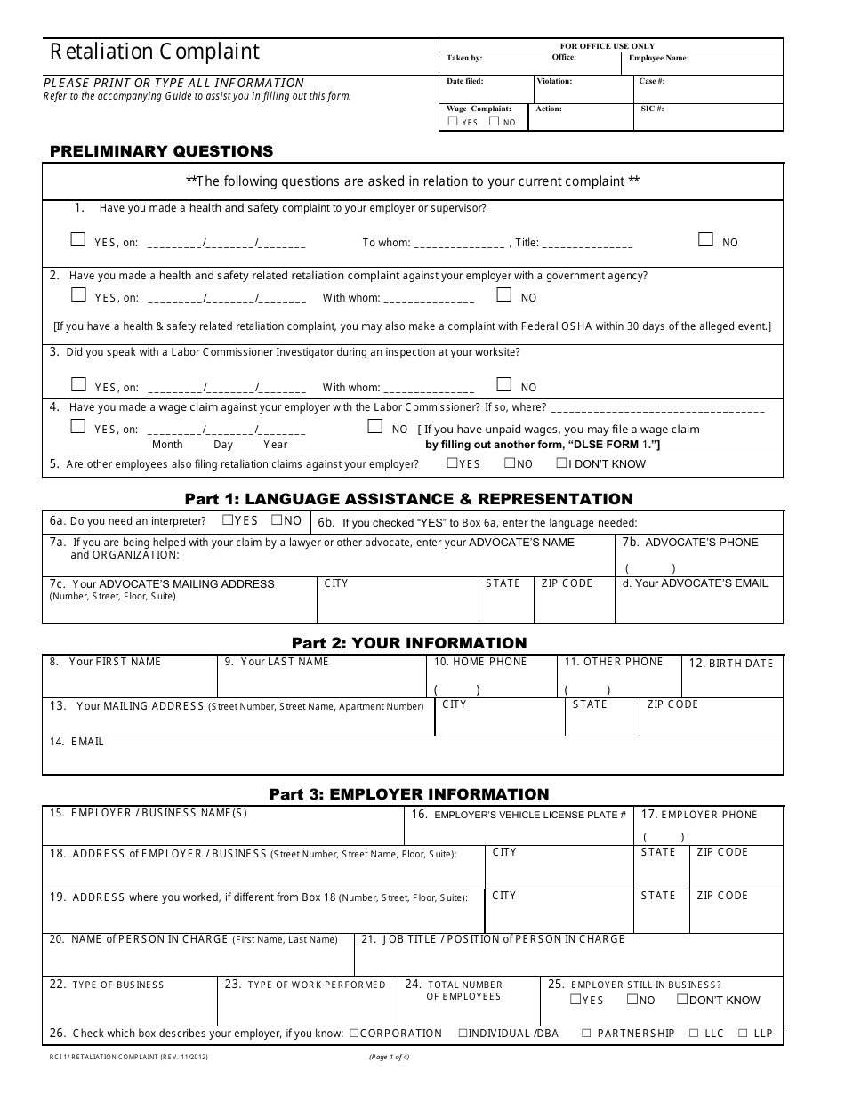 Form RCI1 Retaliation Complaint - California, Page 1