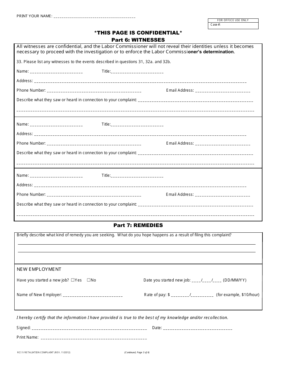 Form RCI1 Retaliation Complaint - California, Page 3