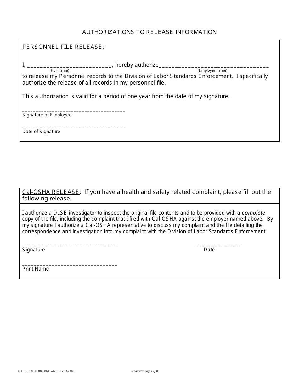Form RCI1 Retaliation Complaint - California, Page 4