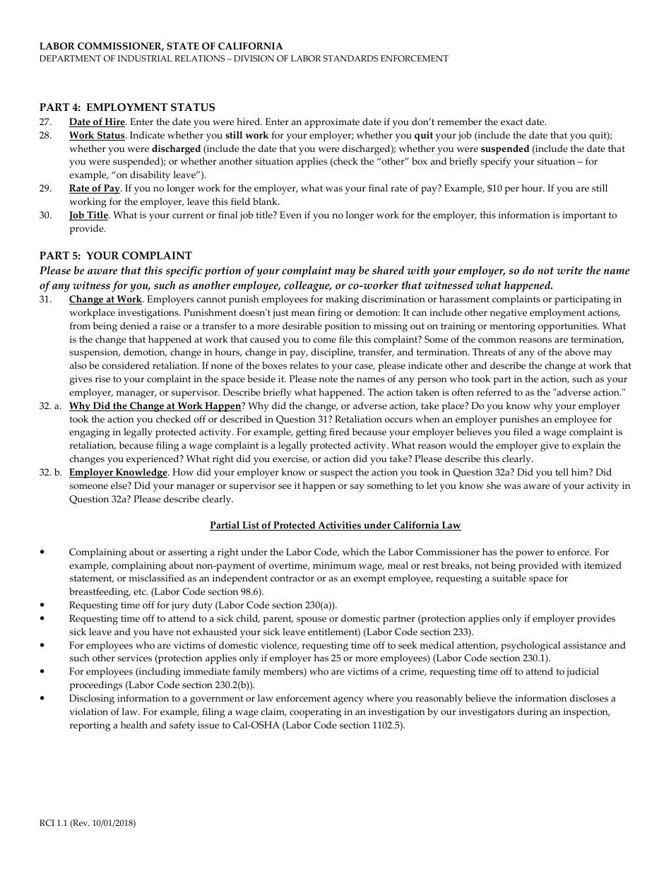 Form RCI1 Retaliation Complaint - California, Page 7