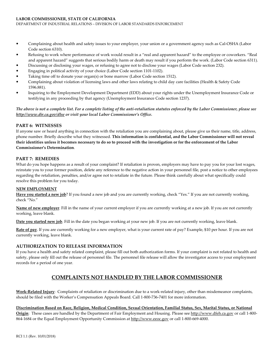 Form RCI1 Retaliation Complaint - California, Page 8