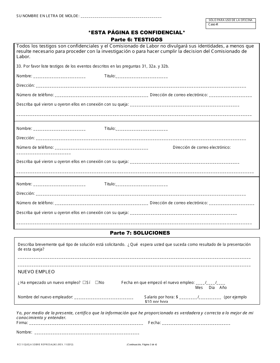 Formulario RCI1 Queja Sobre Represalias - California (Spanish), Page 3