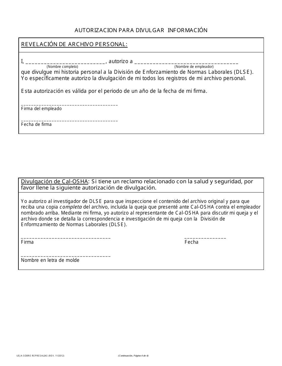 Formulario RCI1 Queja Sobre Represalias - California (Spanish), Page 4