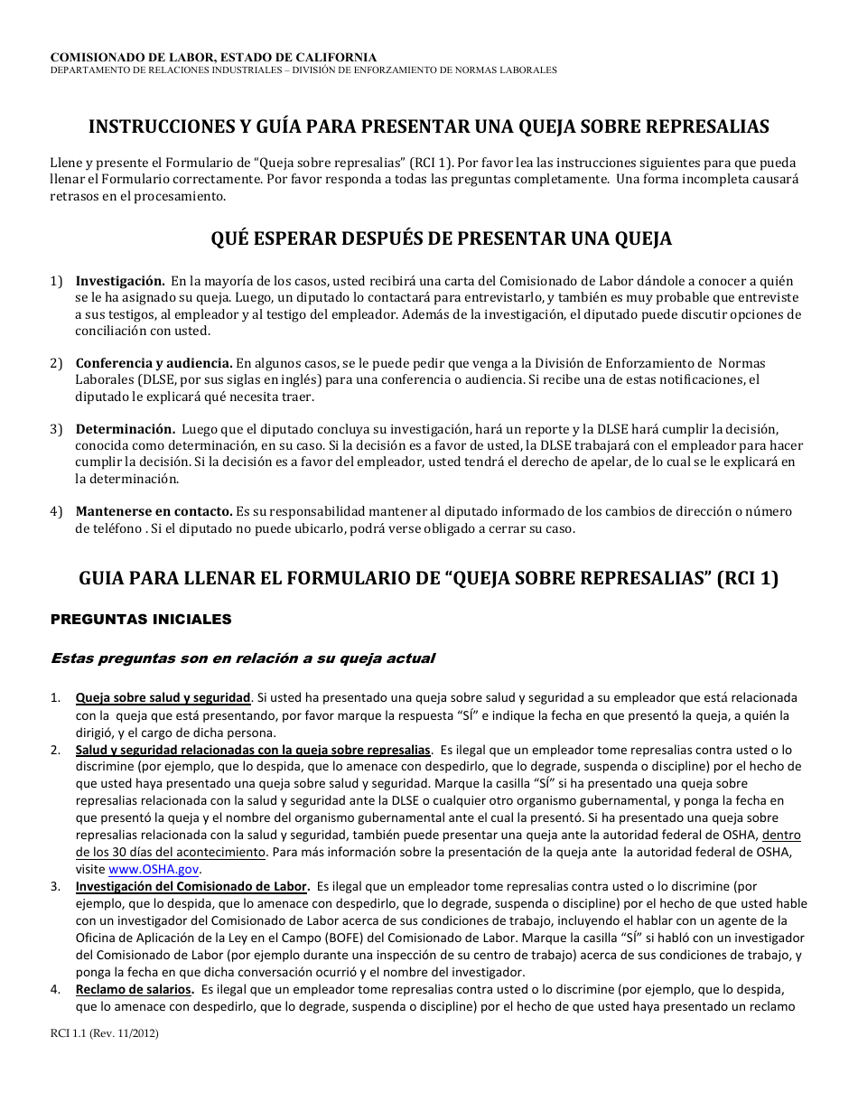 Formulario RCI1 Queja Sobre Represalias - California (Spanish), Page 5