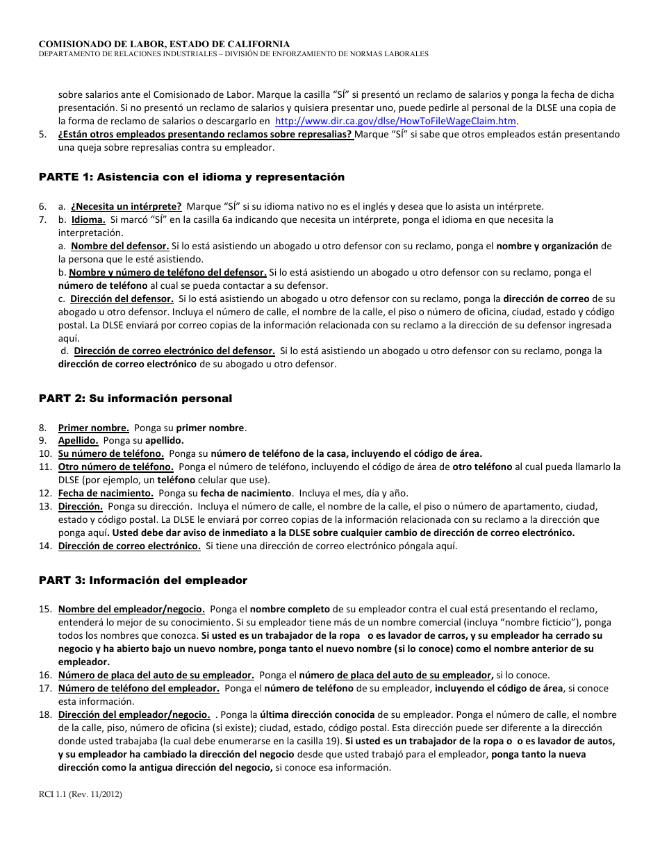 Formulario RCI1 Queja Sobre Represalias - California (Spanish), Page 6