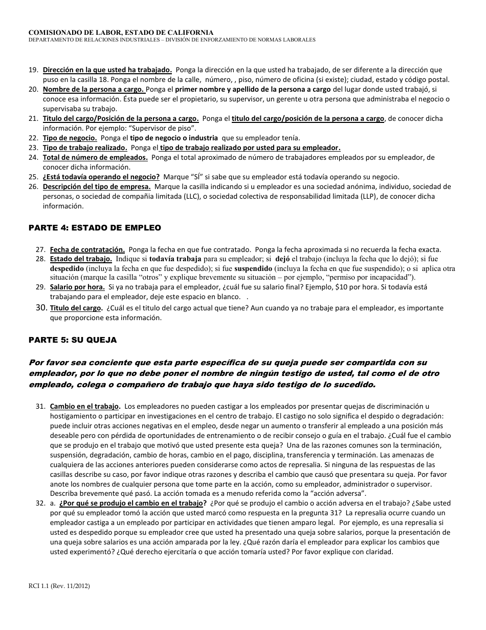 Formulario RCI1 Queja Sobre Represalias - California (Spanish), Page 7