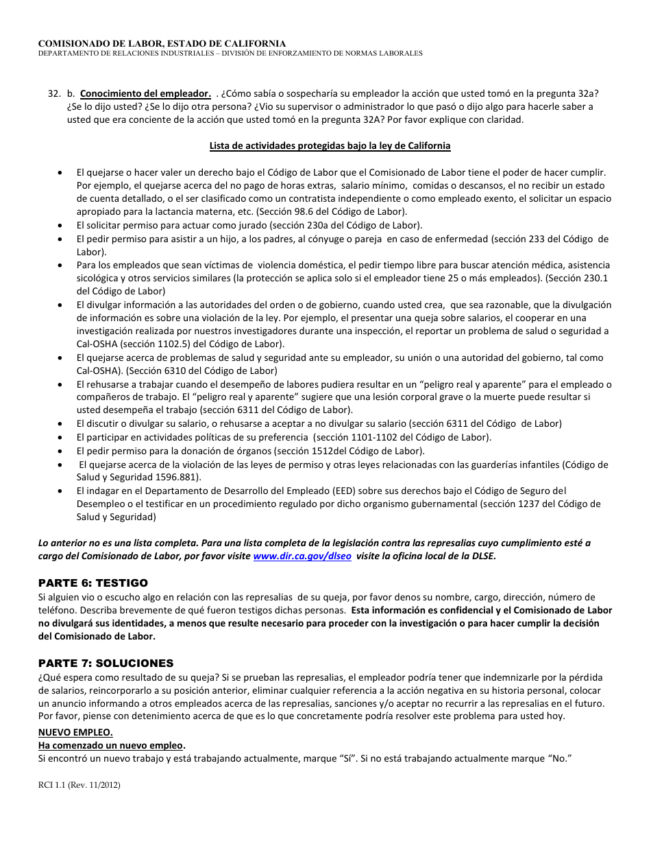 Formulario RCI1 Queja Sobre Represalias - California (Spanish), Page 8