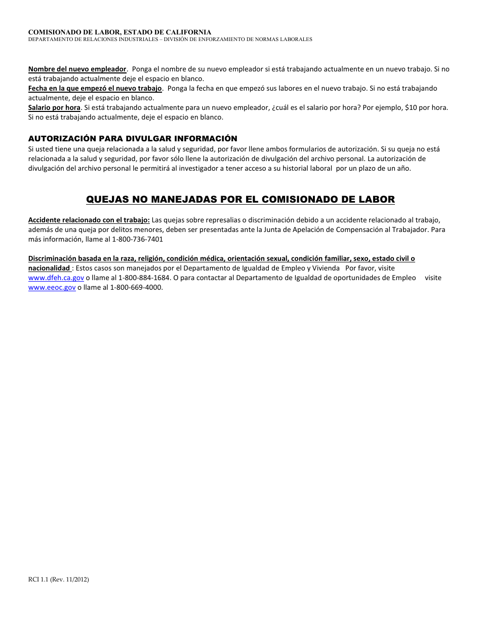 Formulario RCI1 Queja Sobre Represalias - California (Spanish), Page 9