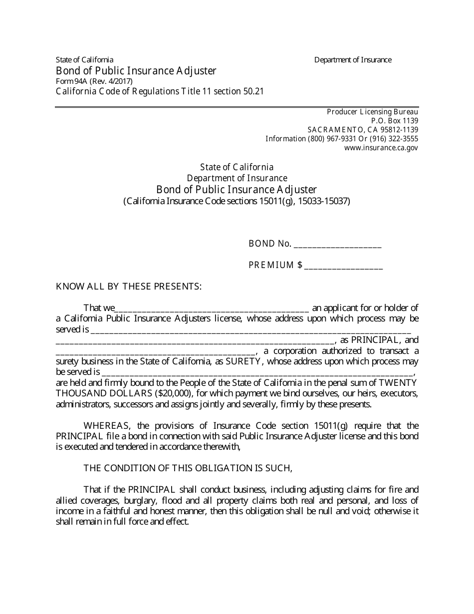 Form 94A Bond of Public Insurance Adjuster - California, Page 1
