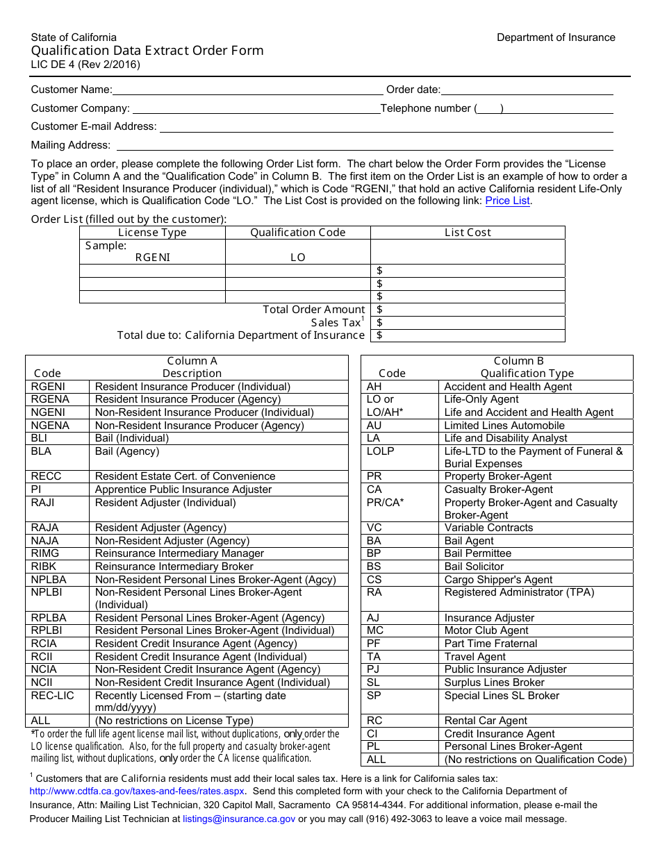 Form LIC DE4 Download Fillable PDF or Fill Online Qualification Data ...