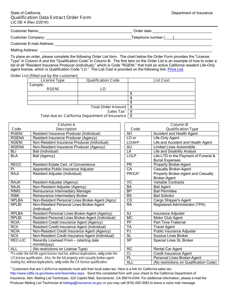 Form LIC DE4 Qualification Data Extract Order Form - California, Page 1