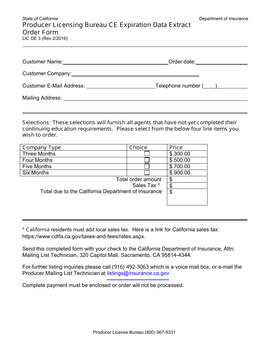 Form LIC DE3 Producer Licensing Bureau Ce Expiration Data Extract Order Form - California, Page 1