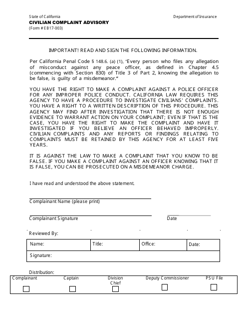 Form EB17-003 Civilian Complaint Advisory - California