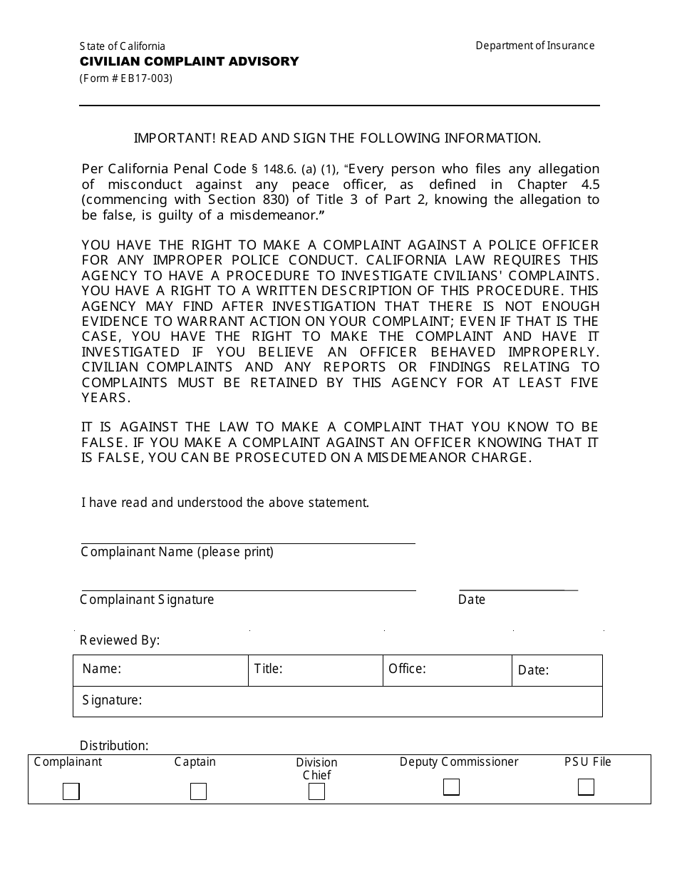 Form EB17-003 Civilian Complaint Advisory - California, Page 1