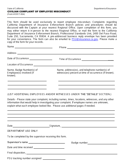Form EB17-004 Civilian Compliant of Employee Misconduct - California