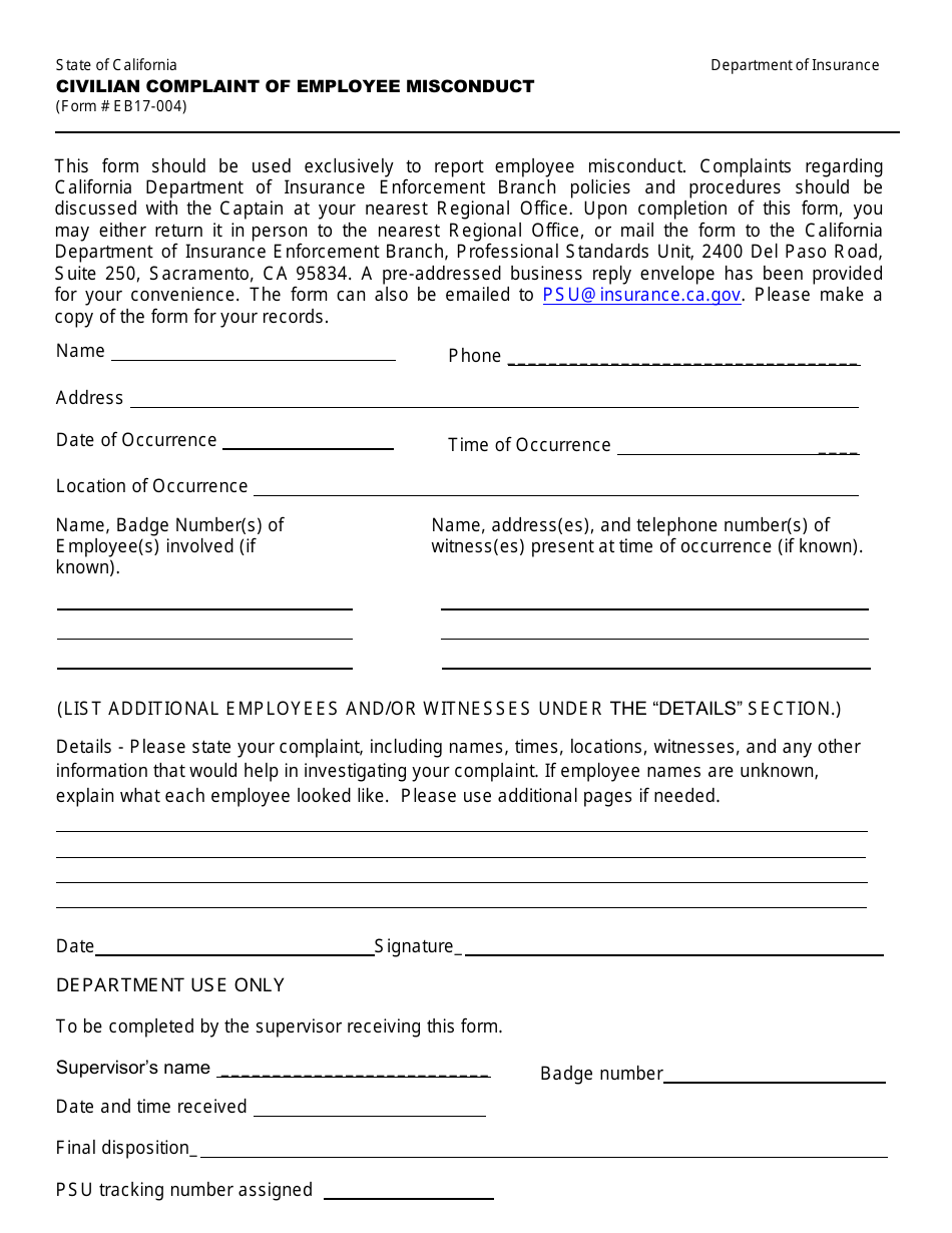 Form EB17-004 Civilian Compliant of Employee Misconduct - California, Page 1