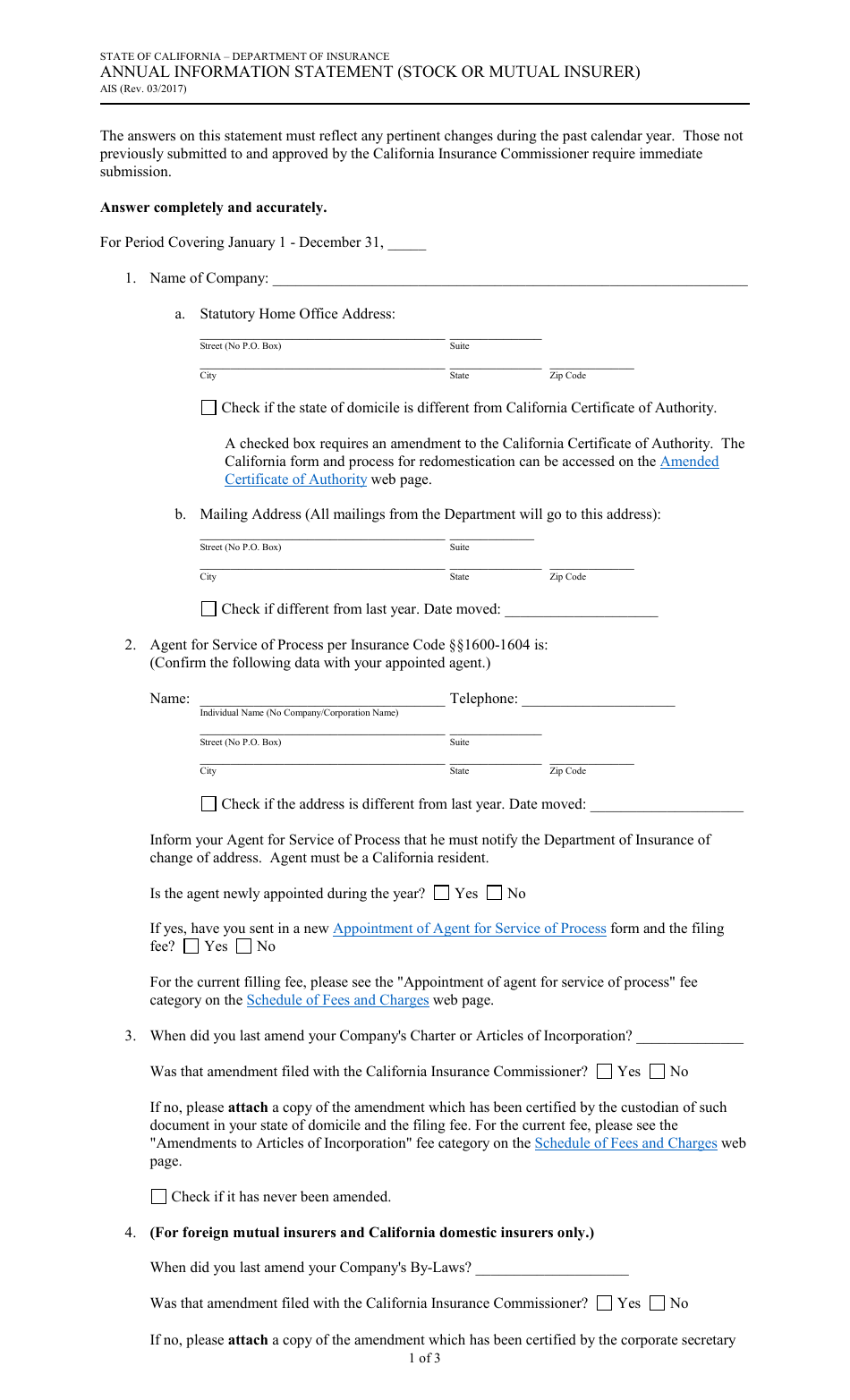 Form AIS Annual Information Statement (Stock or Mutual Insurer) - California, Page 1