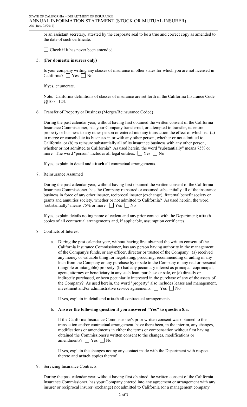 Form AIS Annual Information Statement (Stock or Mutual Insurer) - California, Page 2