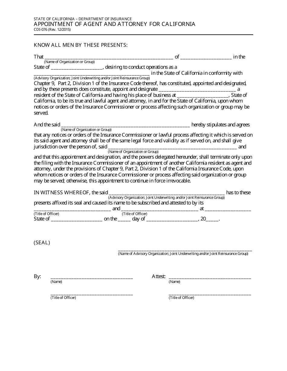 Form CDI-076 Appointment of Agent and Attorney for California - California, Page 1