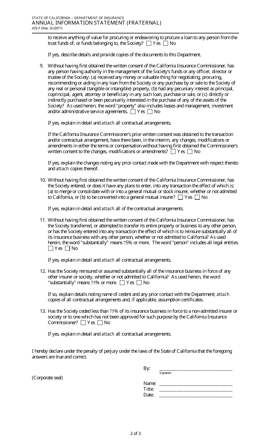 Form AIS-F Annual Information Statement (Fraternal) - California, Page 2