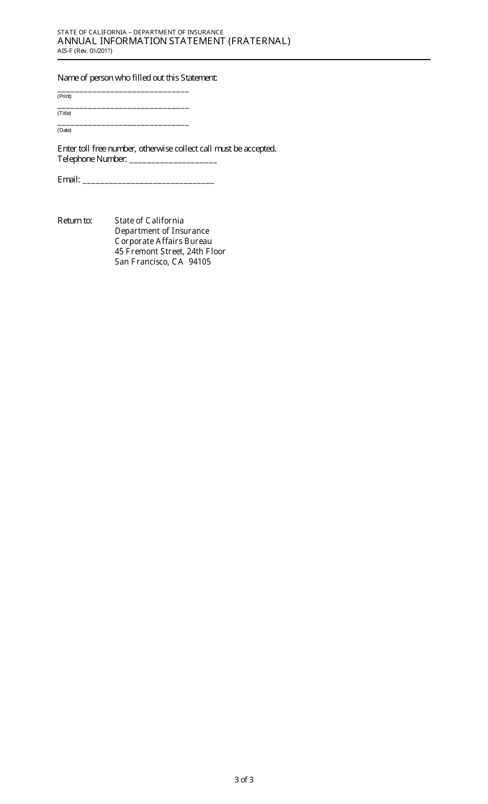 Form AIS-F Annual Information Statement (Fraternal) - California, Page 3