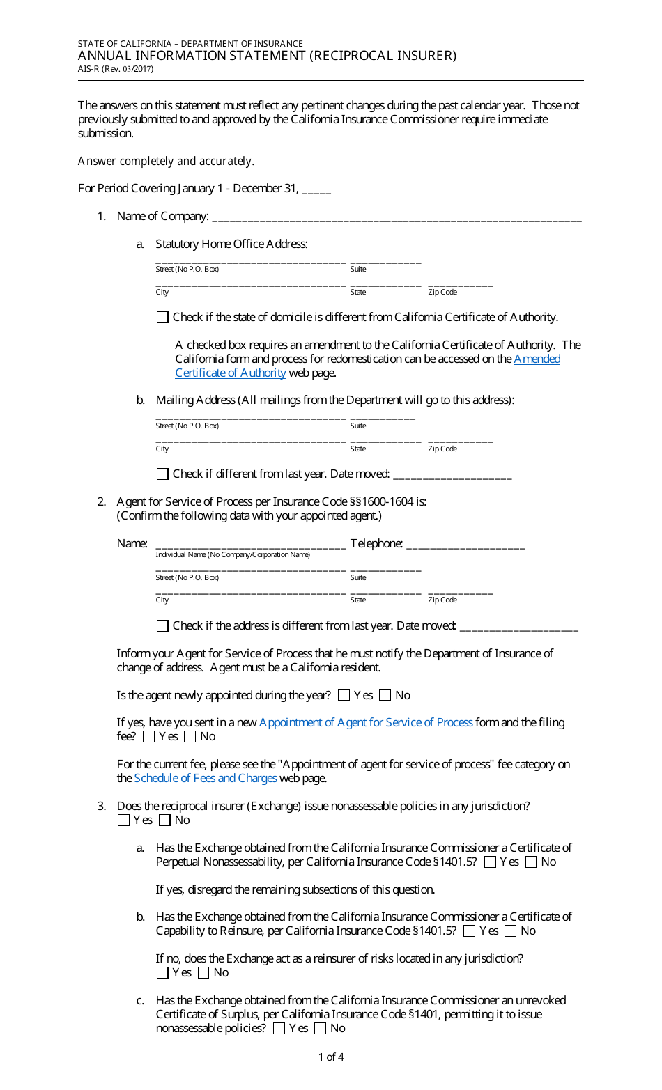Form AIS-R Annual Information Statement (Reciprocal Insurer) - California, Page 1