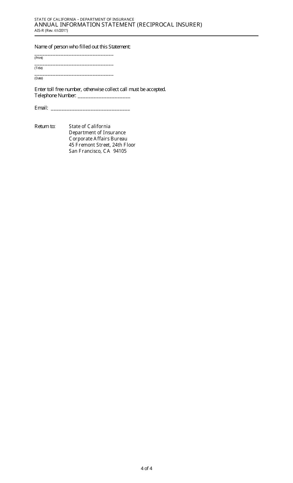 Form AIS-R Annual Information Statement (Reciprocal Insurer) - California, Page 4