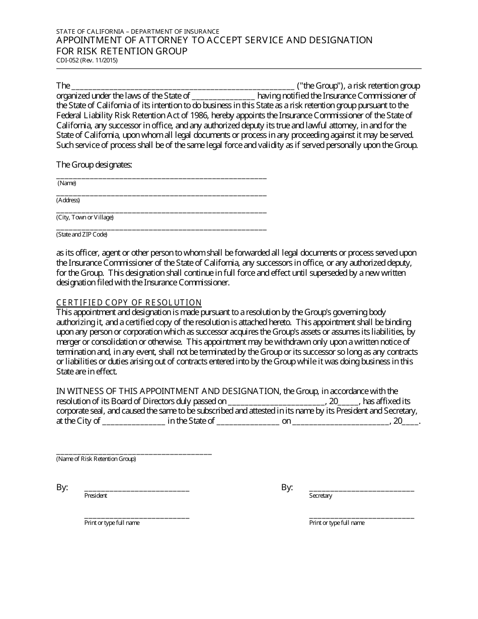 Form CDI-052 Appointment of Attorney to Accept Service and Designation for Risk Retention Group - California, Page 1