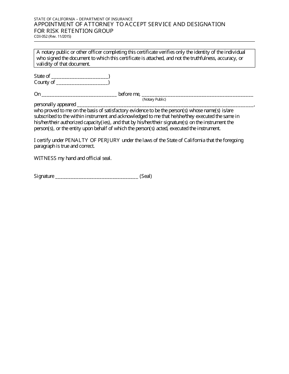 Form CDI-052 Appointment of Attorney to Accept Service and Designation for Risk Retention Group - California, Page 2