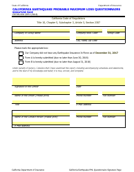 Document preview: Form CDI RSU-001 California Earthquake Probable Maximum Loss Questionnaire Signature Page - California