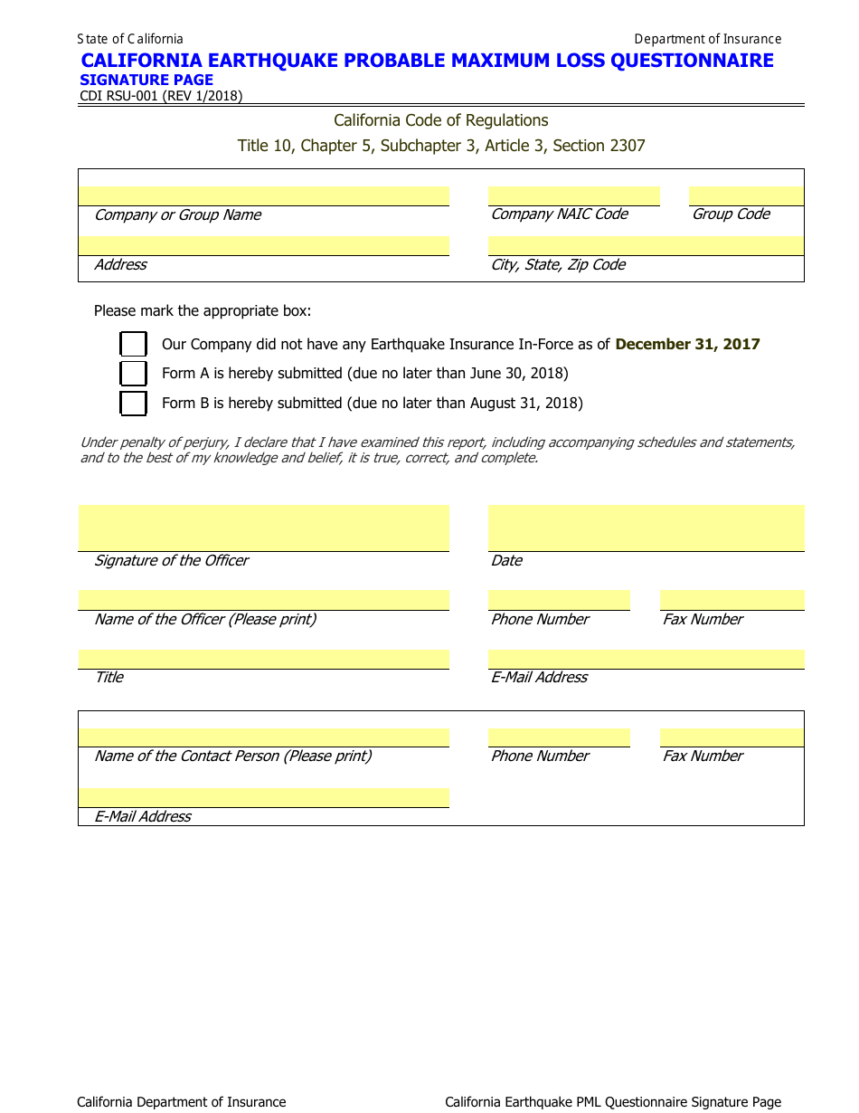 California earthquake probable maximum loss questionnaire