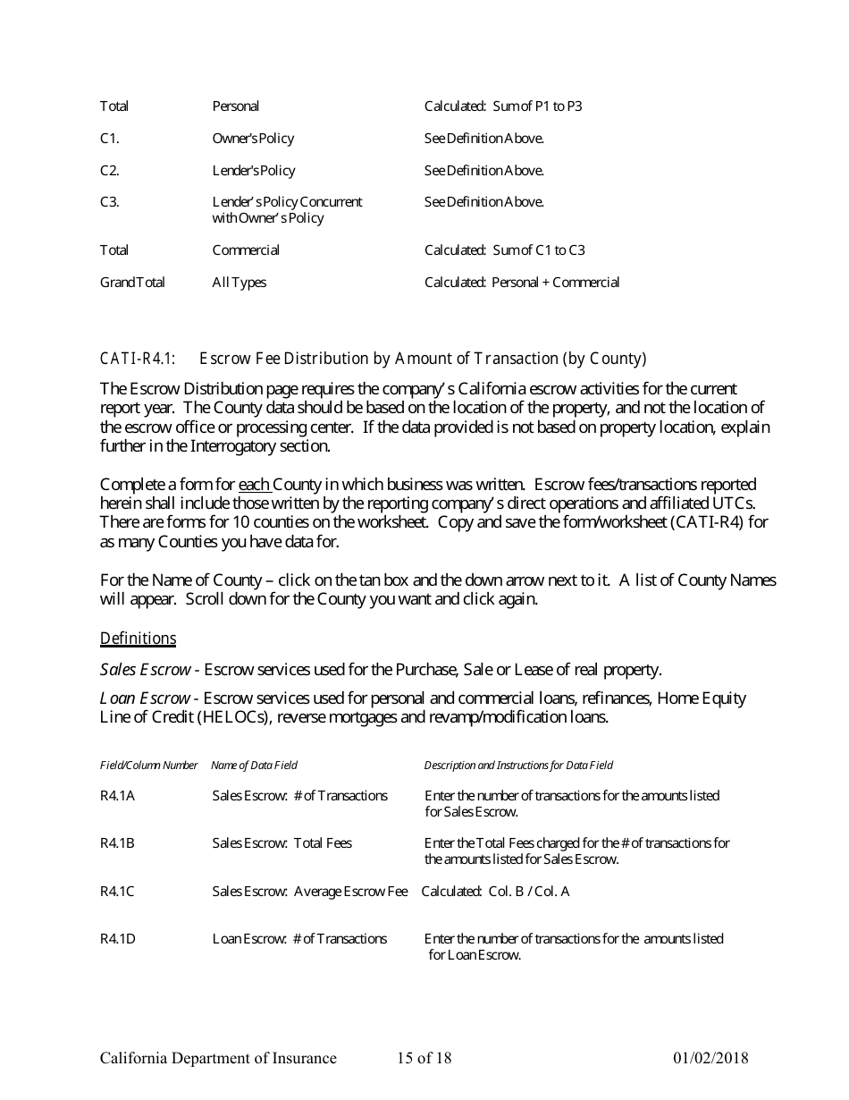 Instructions for Title Insurance Statistical Plan and Income Statement Form - California, Page 15