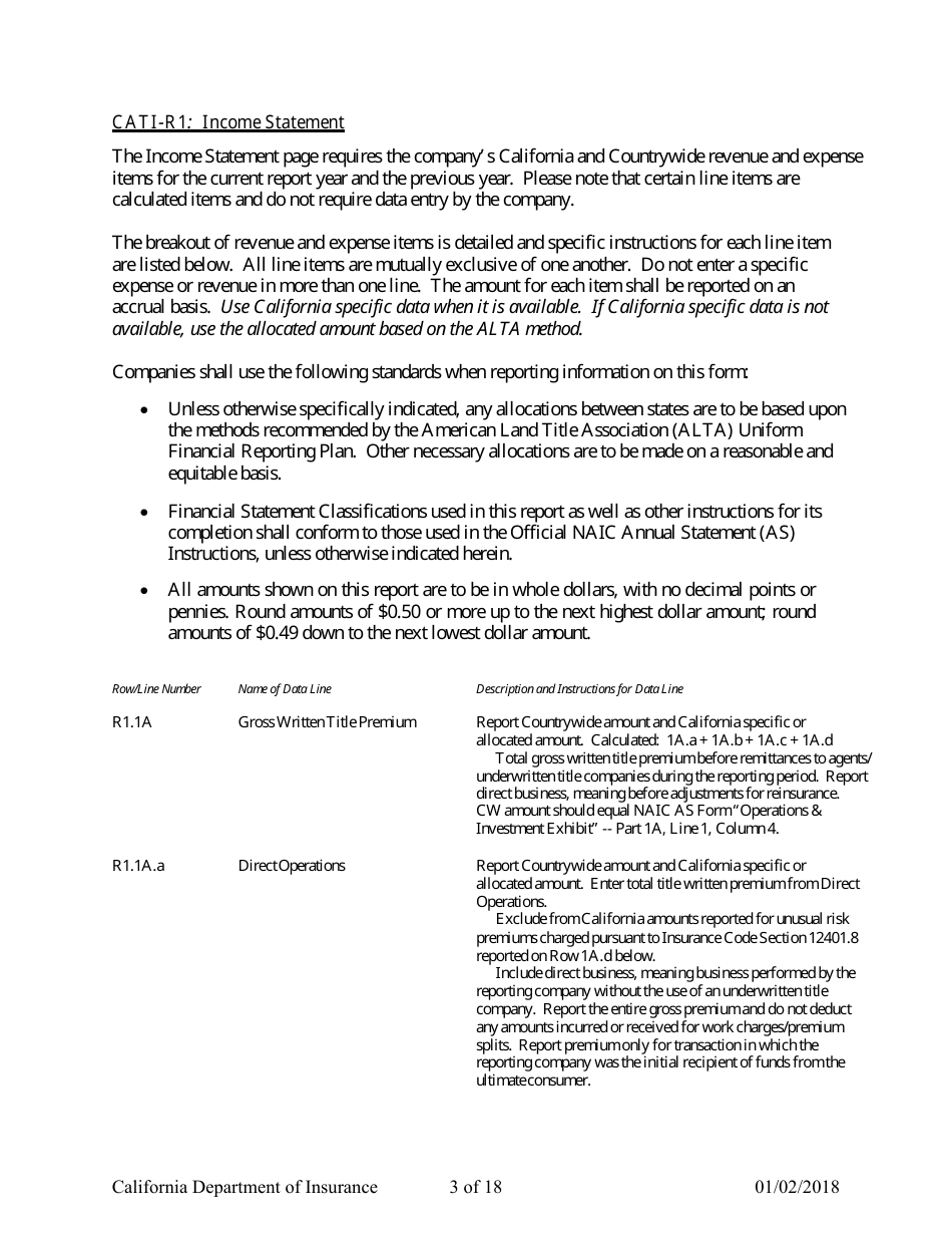 Instructions for Title Insurance Statistical Plan and Income Statement Form - California, Page 3
