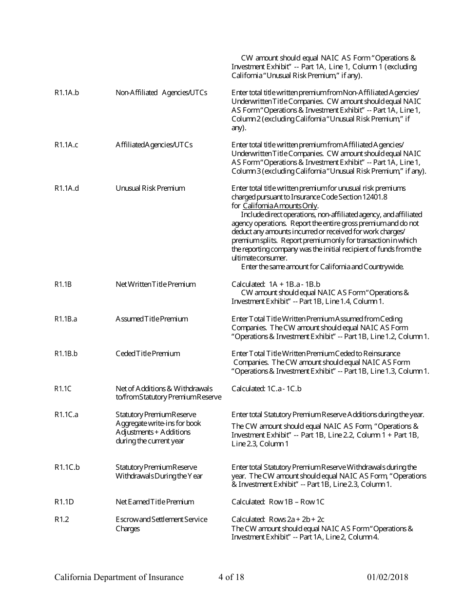 Instructions for Title Insurance Statistical Plan and Income Statement Form - California, Page 4